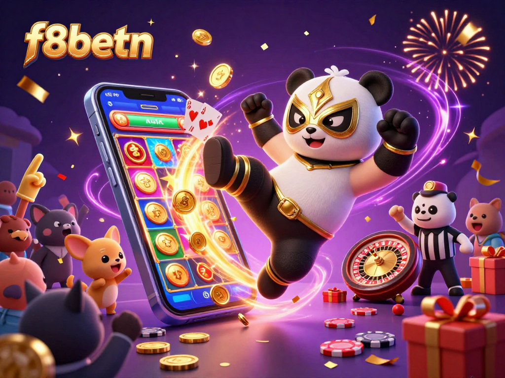 Experience fun at f8betn with a 3D panda wrestler kicking in a colorful casino scene.