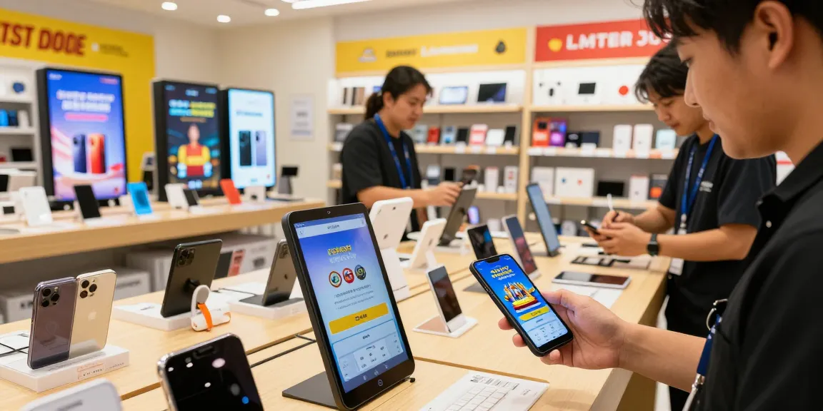 Customer exploring slot jepang gaming gadgets in a vibrant retail store