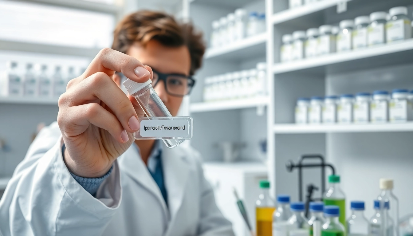 Scientist analyzing ipamorelin/tesamorelin blend in a modern laboratory environment.