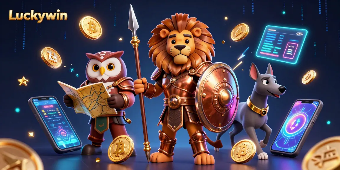 Engage with Luckywin in an epic casino scene featuring a Spartan lion and crypto elements.