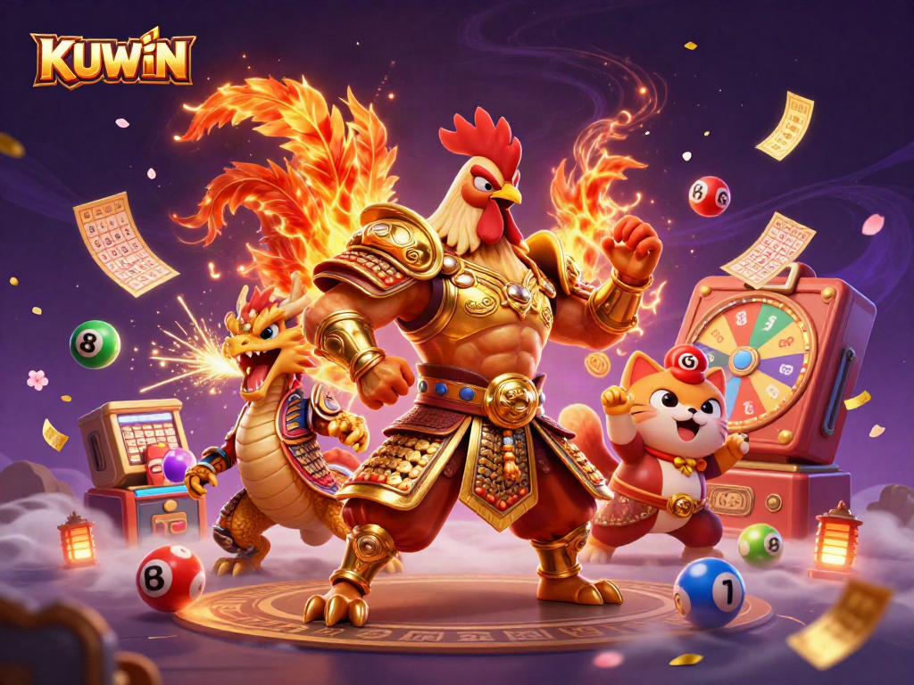 KUWIN's fighting rooster warrior and dragon hatchling amid a chaotic lottery scene, vibrant and engaging.