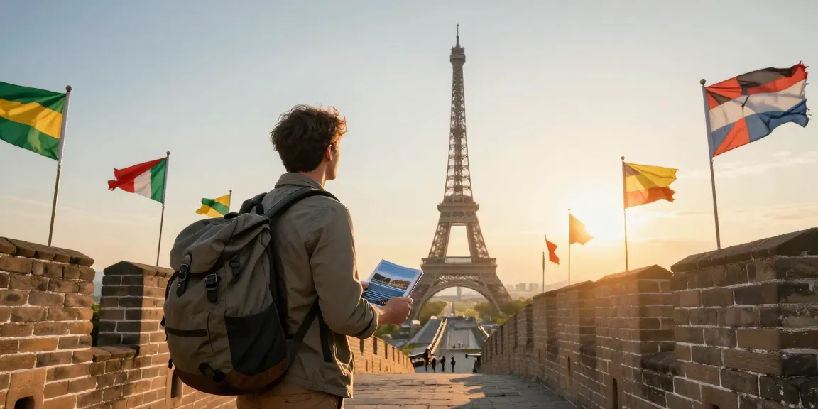 NAGA2000 traveler exploring famous global landmarks at sunrise, embodying adventure and excitement.