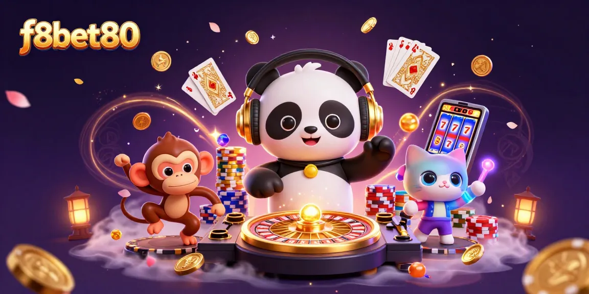 Experience thrilling fun at f8bet80 with a vibrant 3D casino scene featuring spinning roulette, dancing characters, and cascading treasures.