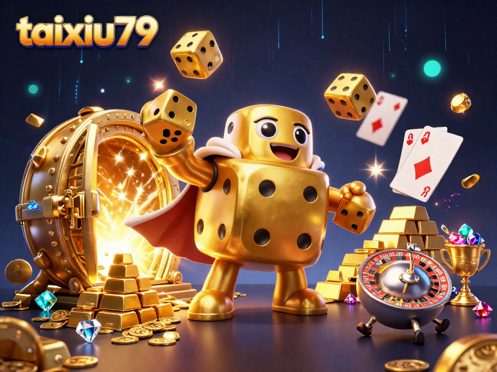Experience thrilling gameplay with taixiu79 as golden dice roll and gems scatter in a colorful casino scene.