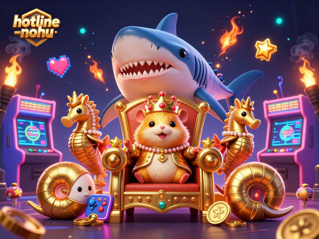 Engage with hotline-nohu's thrilling gaming world, featuring a golden hamster king amidst vibrant casino elements.