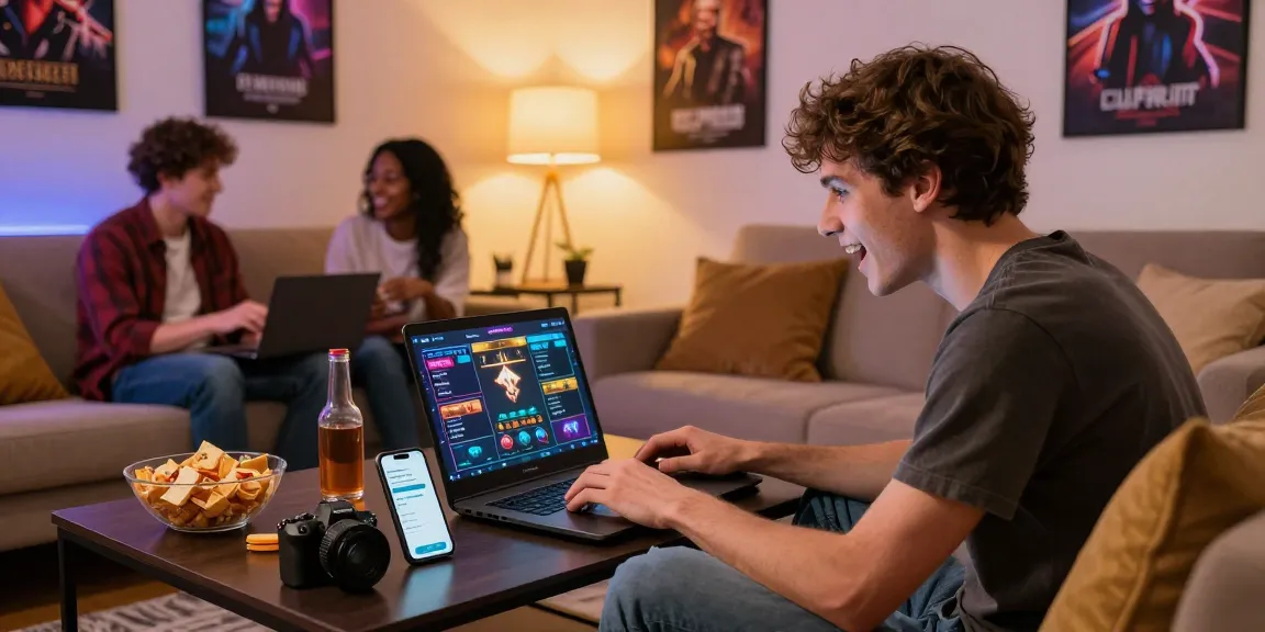 A young man enjoying online games on his laptop, exploring https://www.benmillerband.com/ for gaming strategies in a cozy living room.