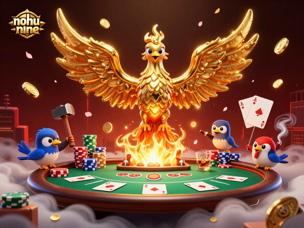 Join the excitement of nohu-nine with a golden phoenix and poker details in a vibrant 3D illustration.