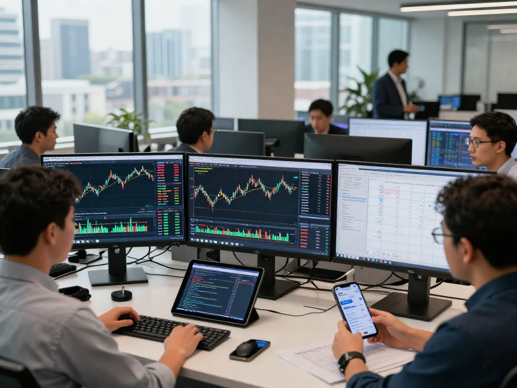 Traders analyzing market trends using MetaTrader 5 in a modern finance office environment.