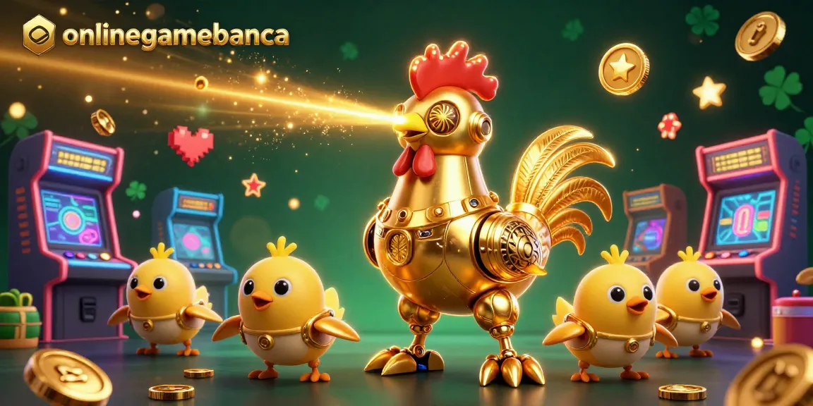 Engage with onlinegamebanca through this vibrant illustration of a golden rooster robot and chick drones in a bustling casino scene.