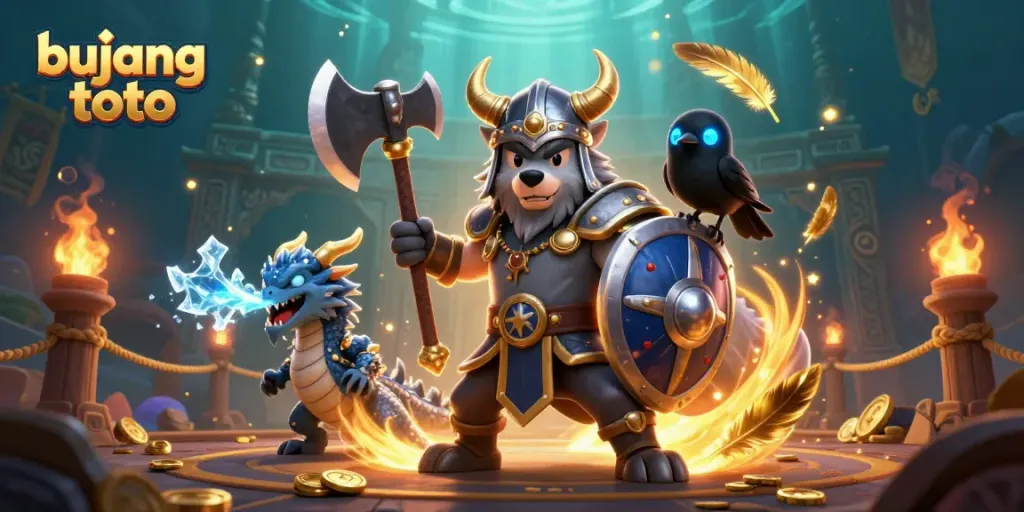 Engage with bujang toto through this vibrant 3D illustration featuring a Viking warrior, dragon, and dynamic casino elements.