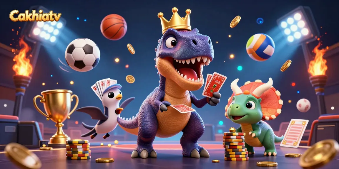 Cakhiatv showcases a lively scene with a T-Rex shuffling cards as sports balls soar around, embodying the excitement of sports betting.