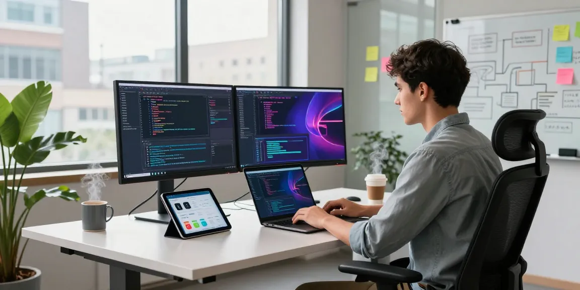 Developer working at a vibrant software workspace with coding monitors showcasing https://www.bdtjl.app/ in a modern office setting.