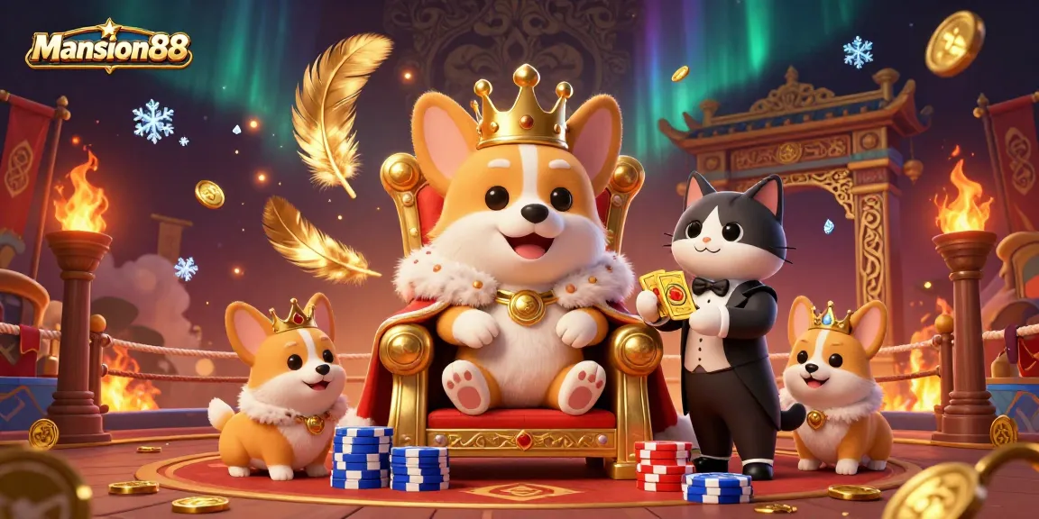Mansion88 showcases a royal corgi on a throne of poker chips alongside a cat butler in an engaging gambling scene.