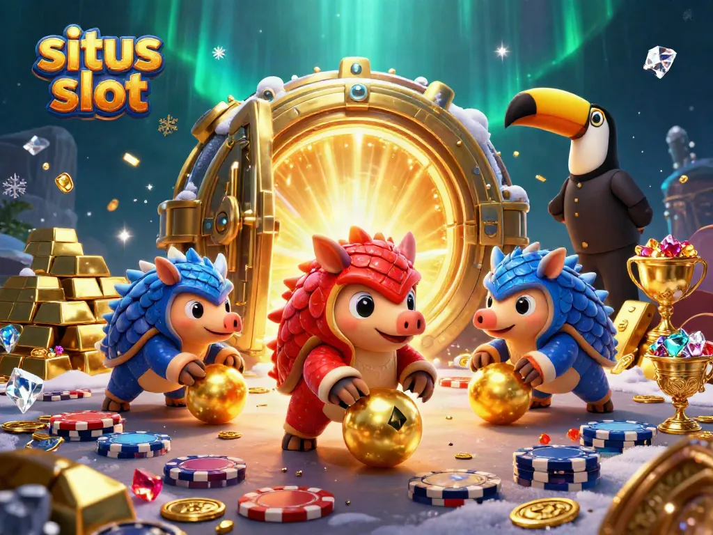 Situs slot dengan pangolin bertarung dan tumpukan chip poker, menghadirkan suasana perjudian yang menarik.