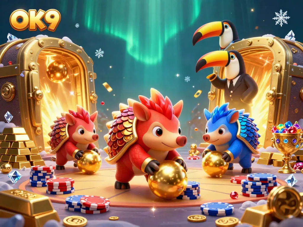 OK9 pangolins bowling through poker chips in a vibrant casino scene.