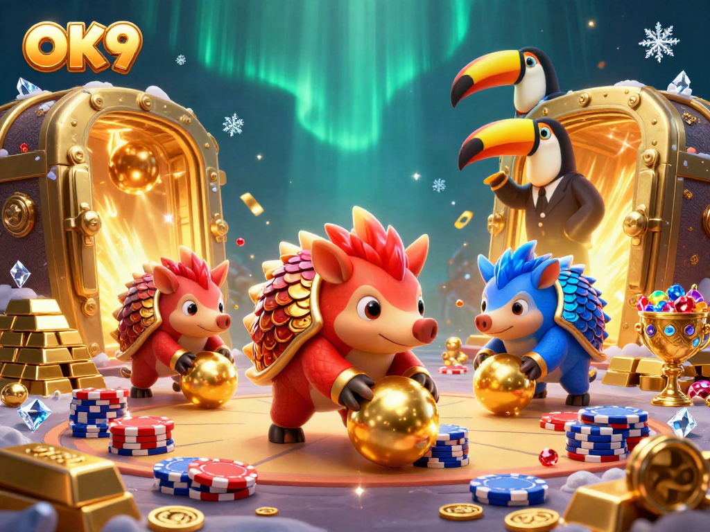 OK9 pangolins bowling through poker chips in a vibrant casino scene.