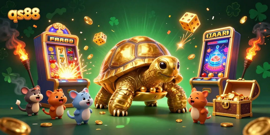 Experience the excitement of qs88 casino games with golden tortoise, slot machine, and vibrant visuals.