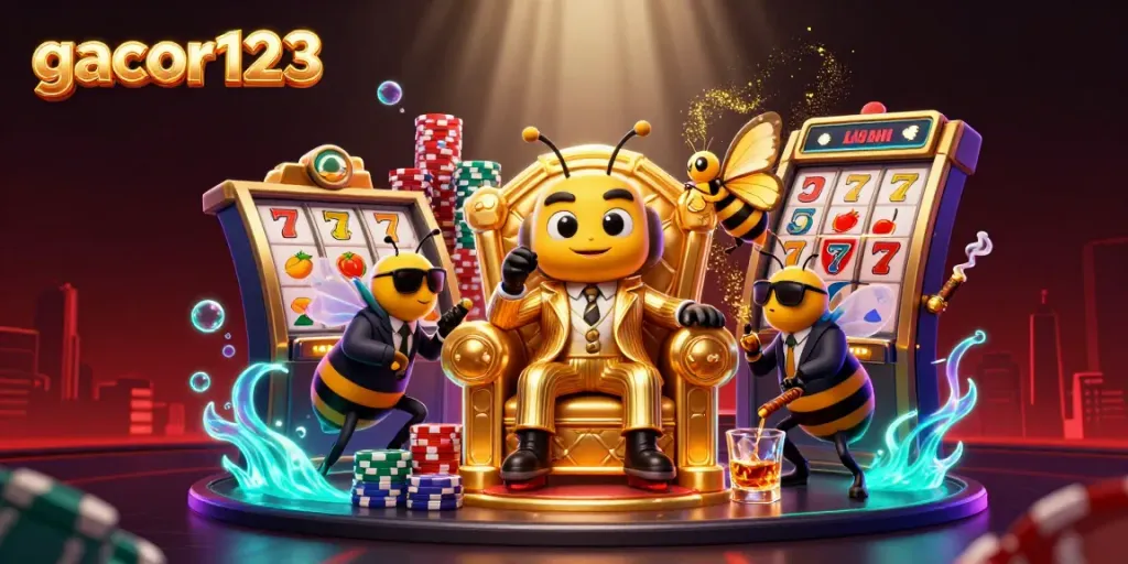 Experience exciting slot wins at gacor123 with a vibrant 3D cartoon casino scene filled with action.
