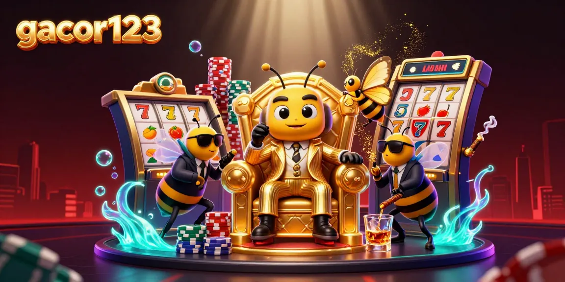 Experience exciting slot wins at gacor123 with a vibrant 3D cartoon casino scene filled with action.
