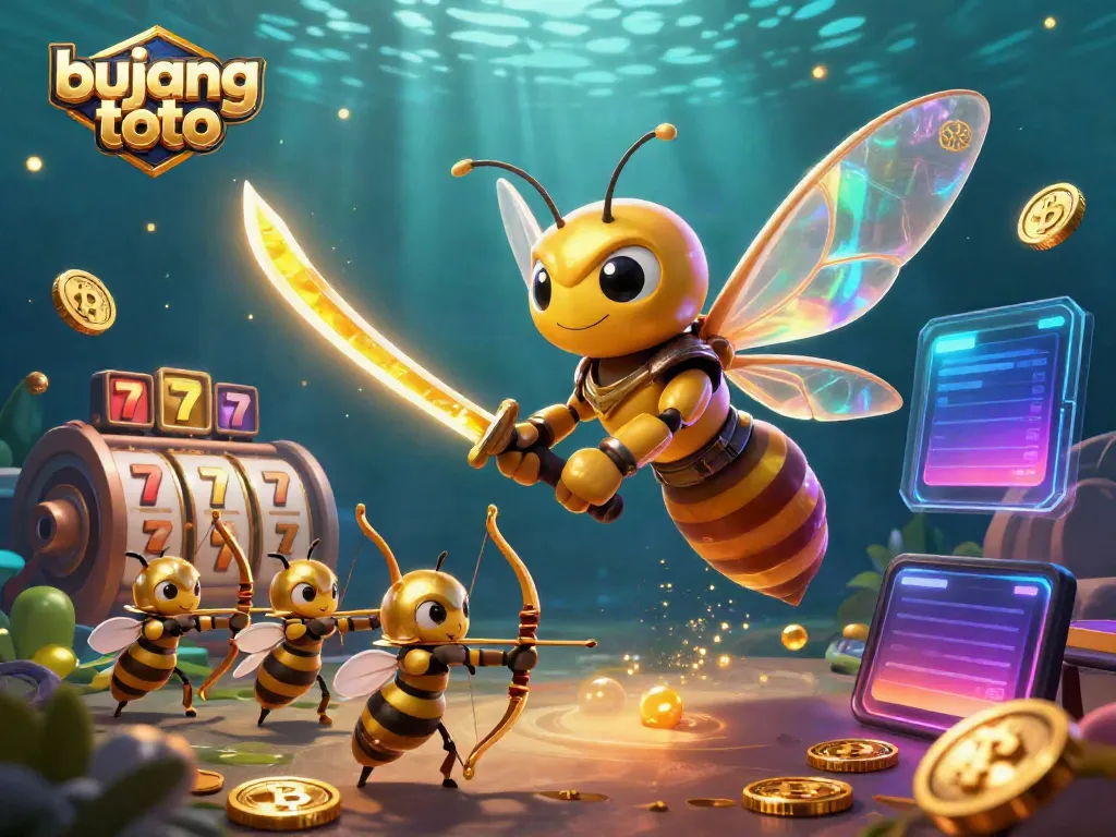 Bujang Toto illustrates an engaging casino scene with a hornet in samurai armor and bee archers enjoying slot machines.