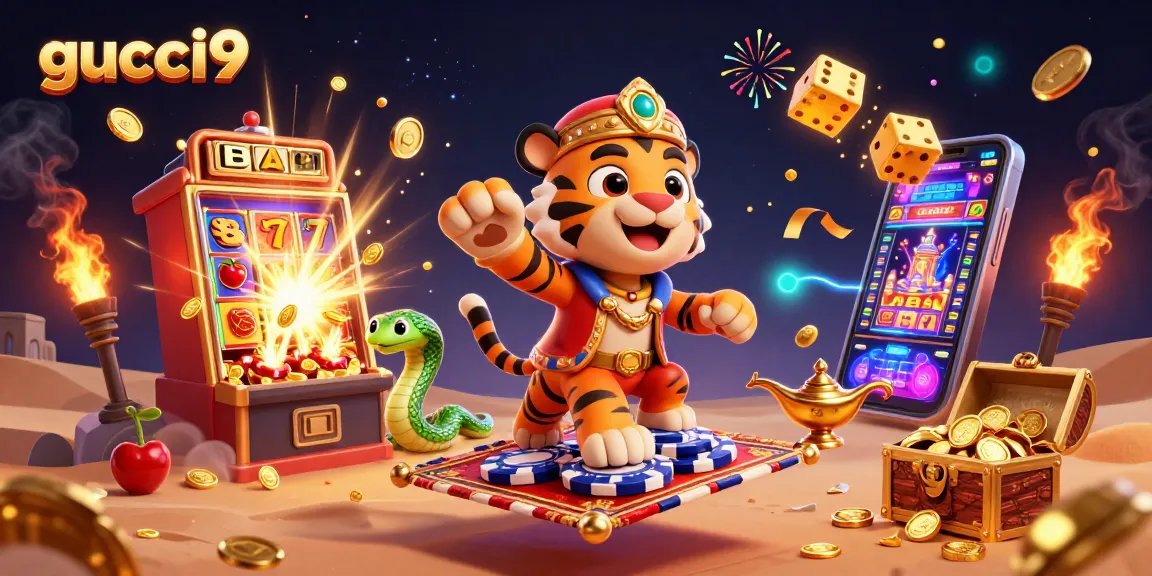 Win big with gucci9 at this vibrant casino scene featuring a tiger sultan and jackpot explosion!