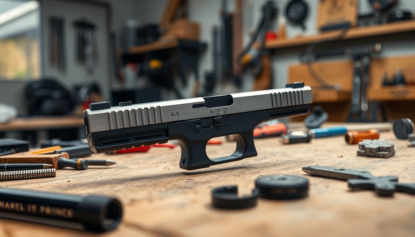 Glock 19 slide showcased with precision tools, highlighting its sleek design and quality craftsmanship.