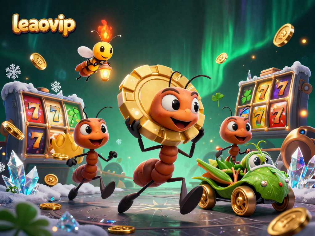 Tim semut 3D leaovip melakukan aksi, membawa chip poker emas dan dikelilingi elemen slot.