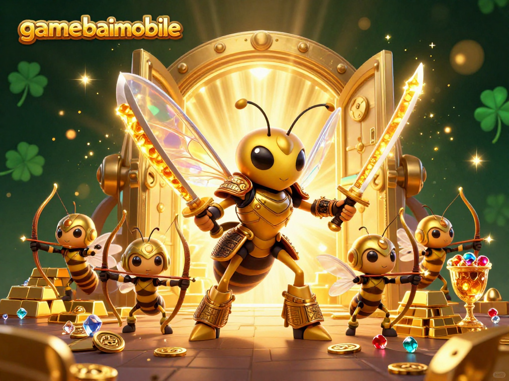 gamebaimobile launches an exciting scene with samurai hornet characters exploring golden treasures and casino elements.