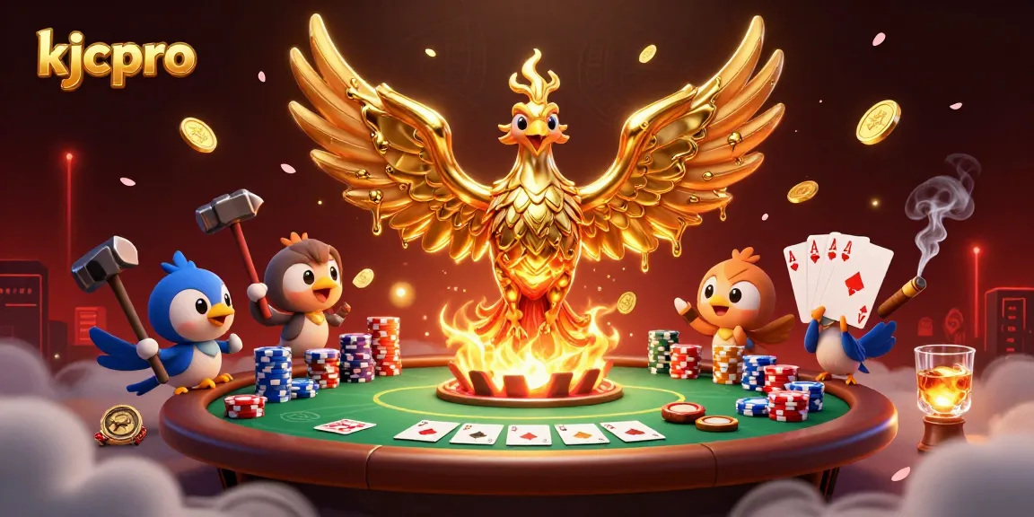 Experience the excitement of gambling with kjcpro's dynamic casino scene featuring a golden phoenix and poker elements.