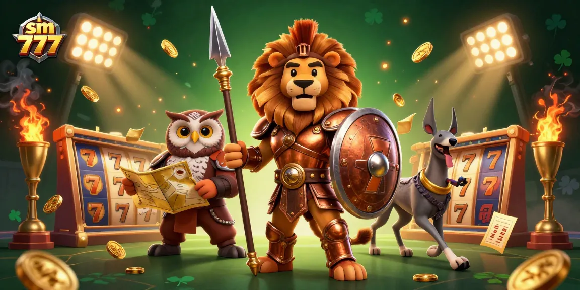 Play slots and win big with sm 777, featuring a vibrant 3D scene of gaming excitement.