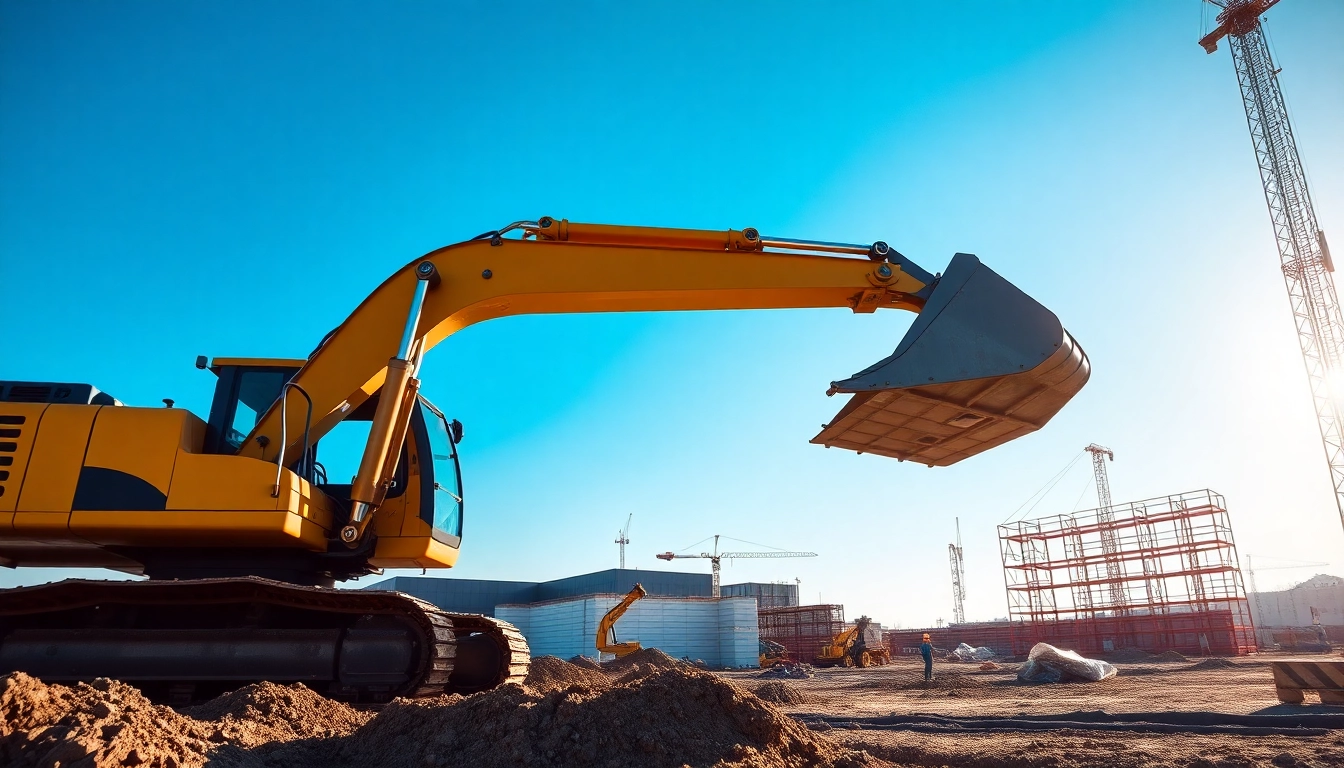 Excavator digging at a construction site with a clear blue sky.