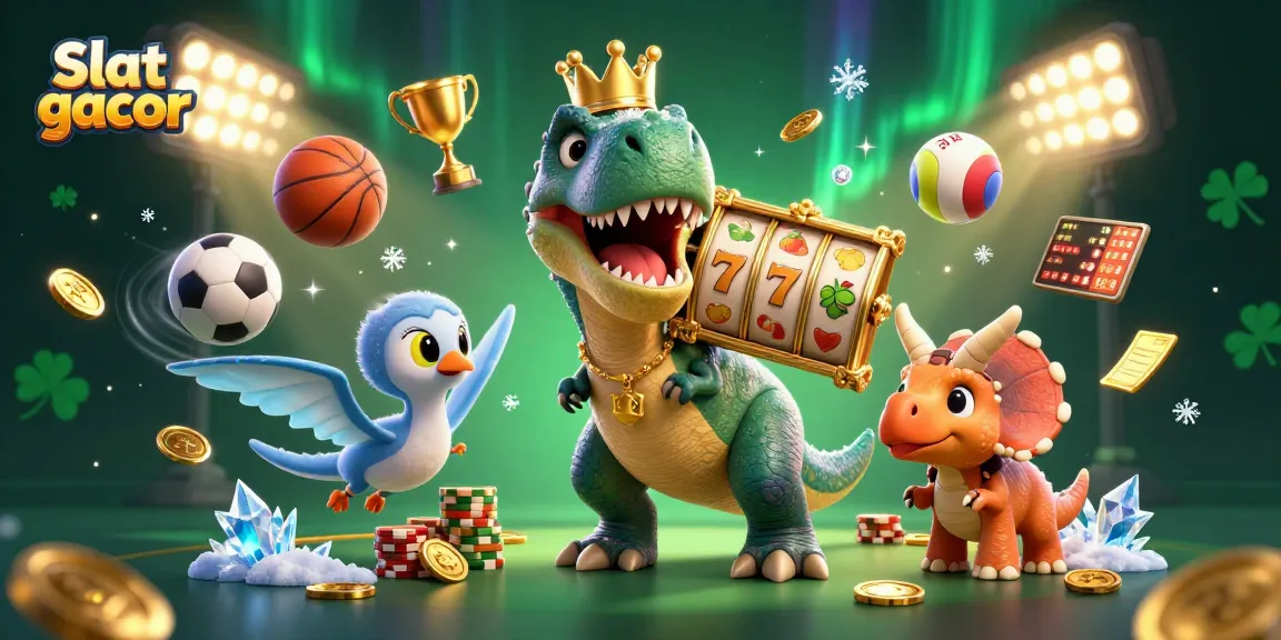 Engage with Slot gacor as a T-Rex shuffles slots with a pterodactyl and triceratops in a vibrant casino.