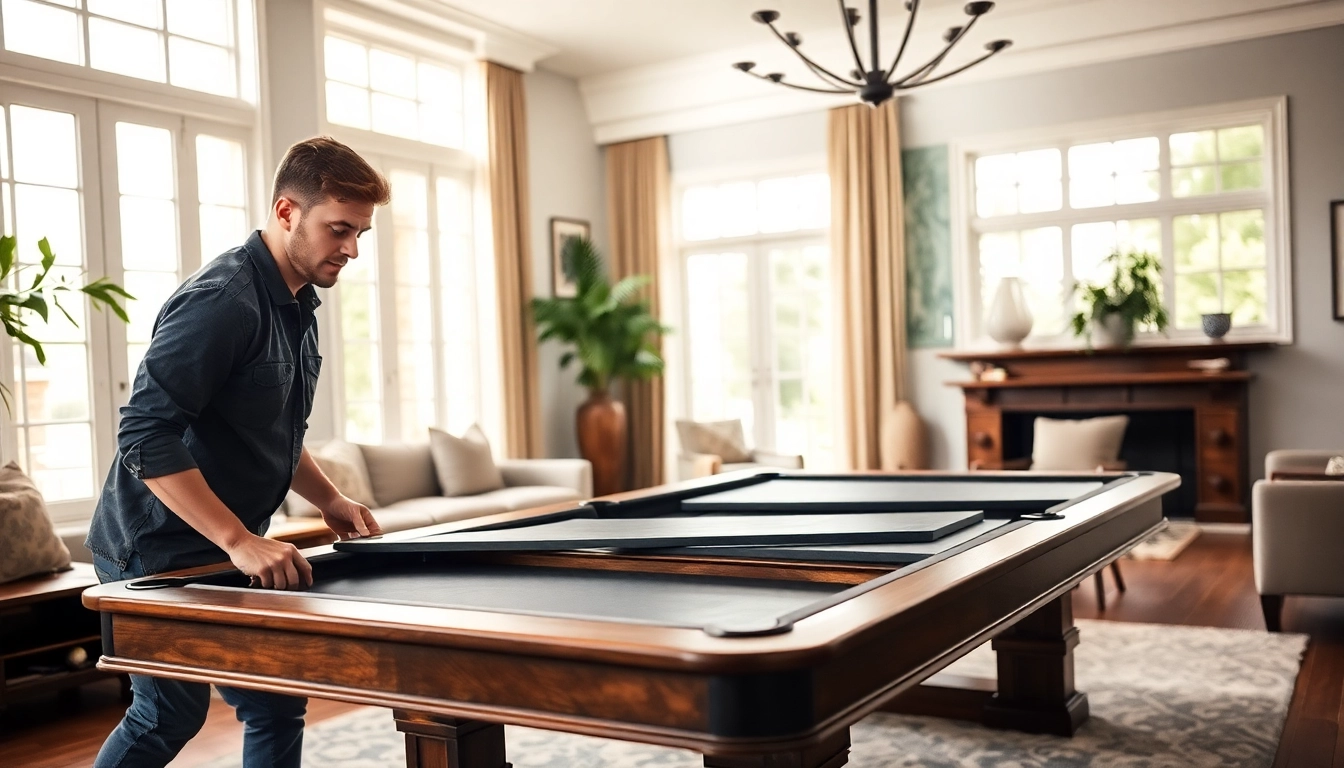 Experts providing game table movers services, carefully disassembling a custom pool table.
