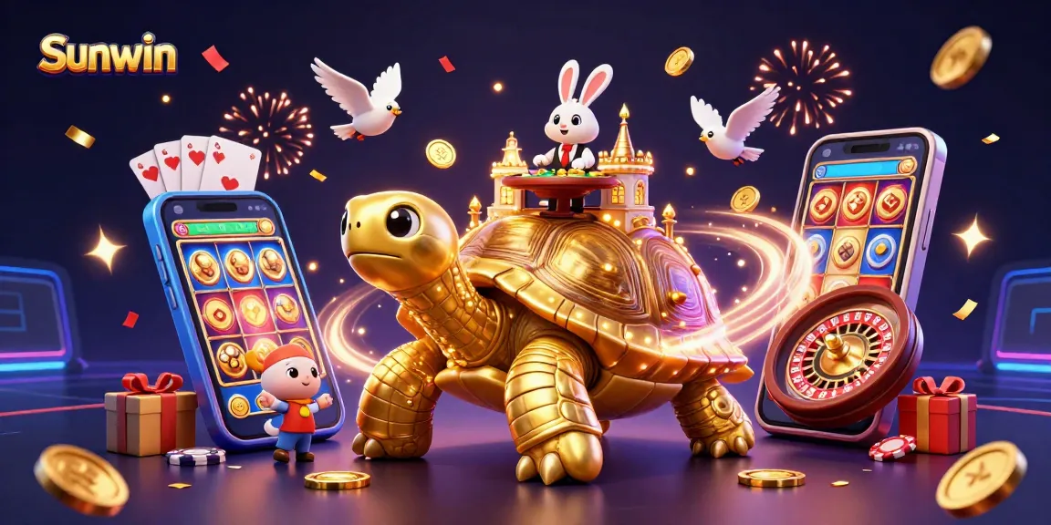 Sunwin's engaging casino experience with a golden tortoise, rabbit dealer, and dynamic game elements.