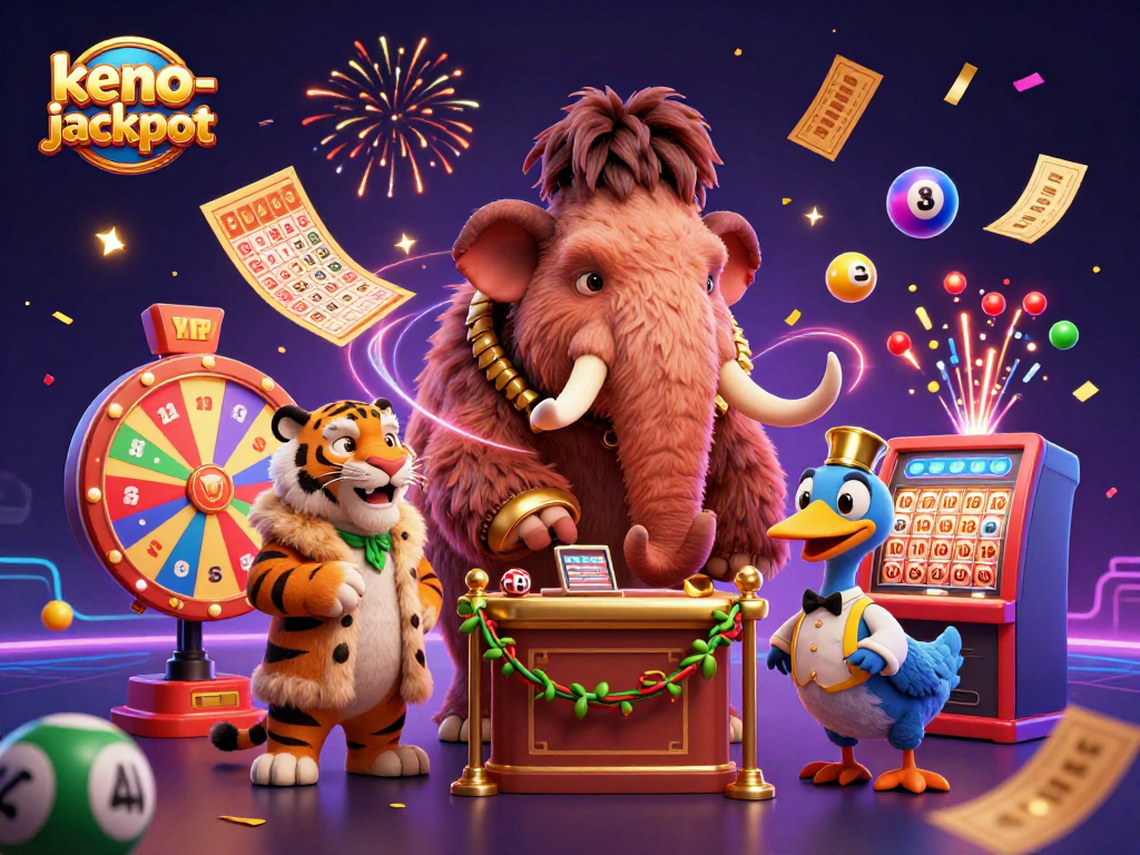Join the action at keno-jackpot with vibrant characters, lottery elements, and a festive casino atmosphere.