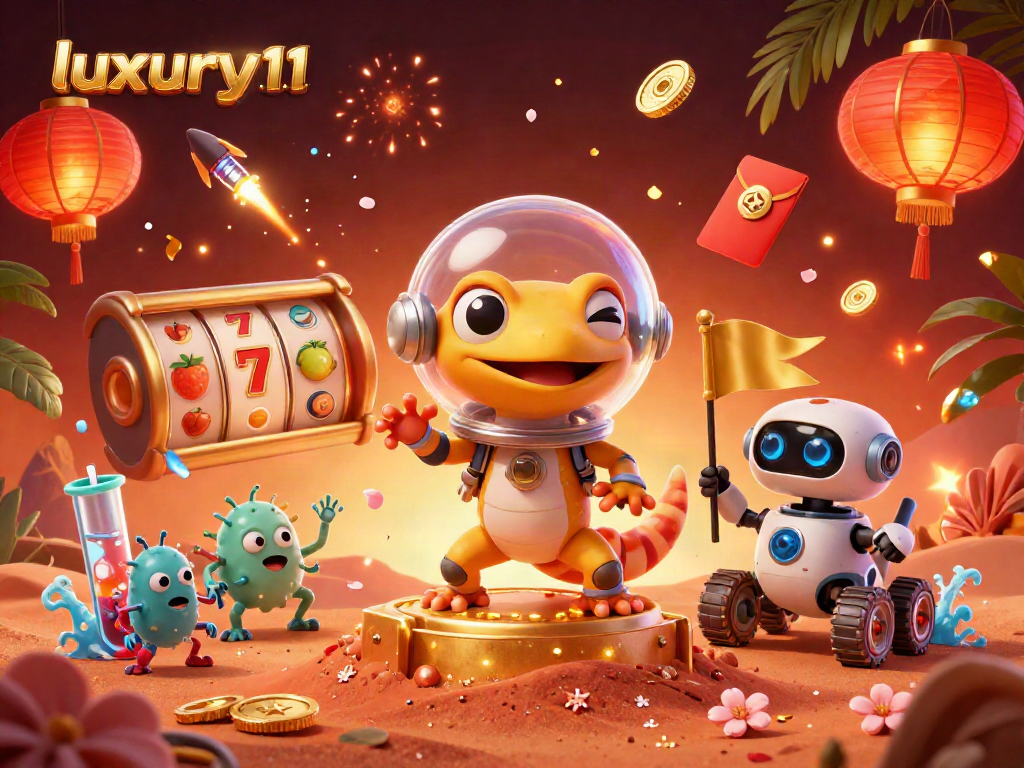 Experience the thrill of luxury111 in a vibrant alien casino scene featuring a Martian gecko and treasures.