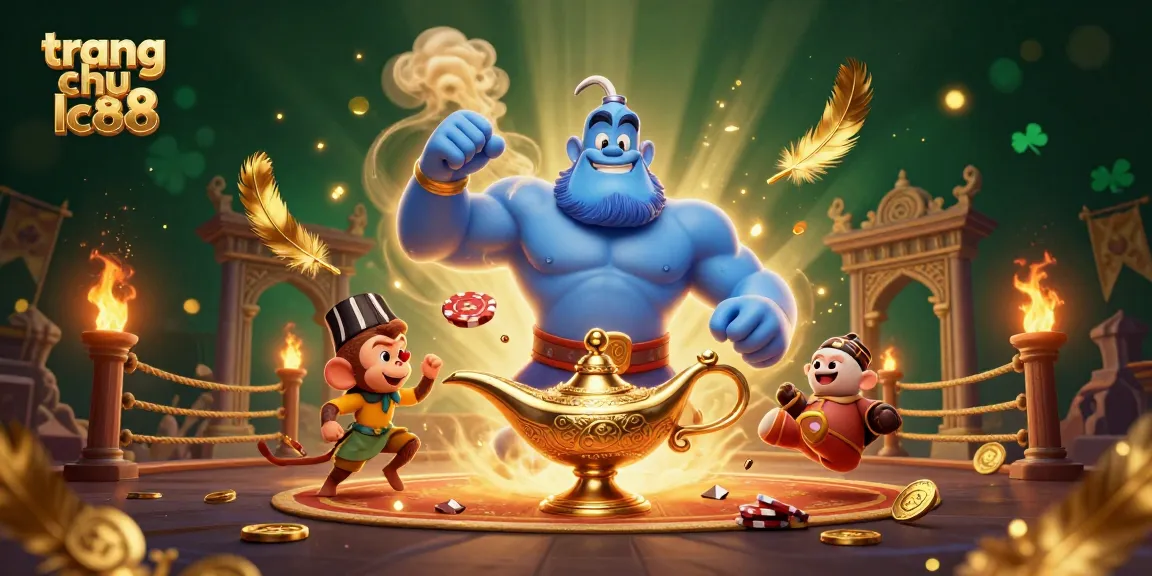 Experience exciting games at trang chu lc88 with a captivating scene of a genie, monkey, and poker chips.