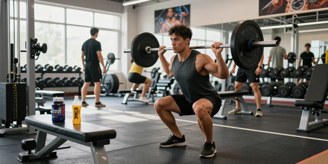 Strength training at the Steroid Shop gym showcasing a bodybuilder performing squats, promoting fitness and muscle growth.