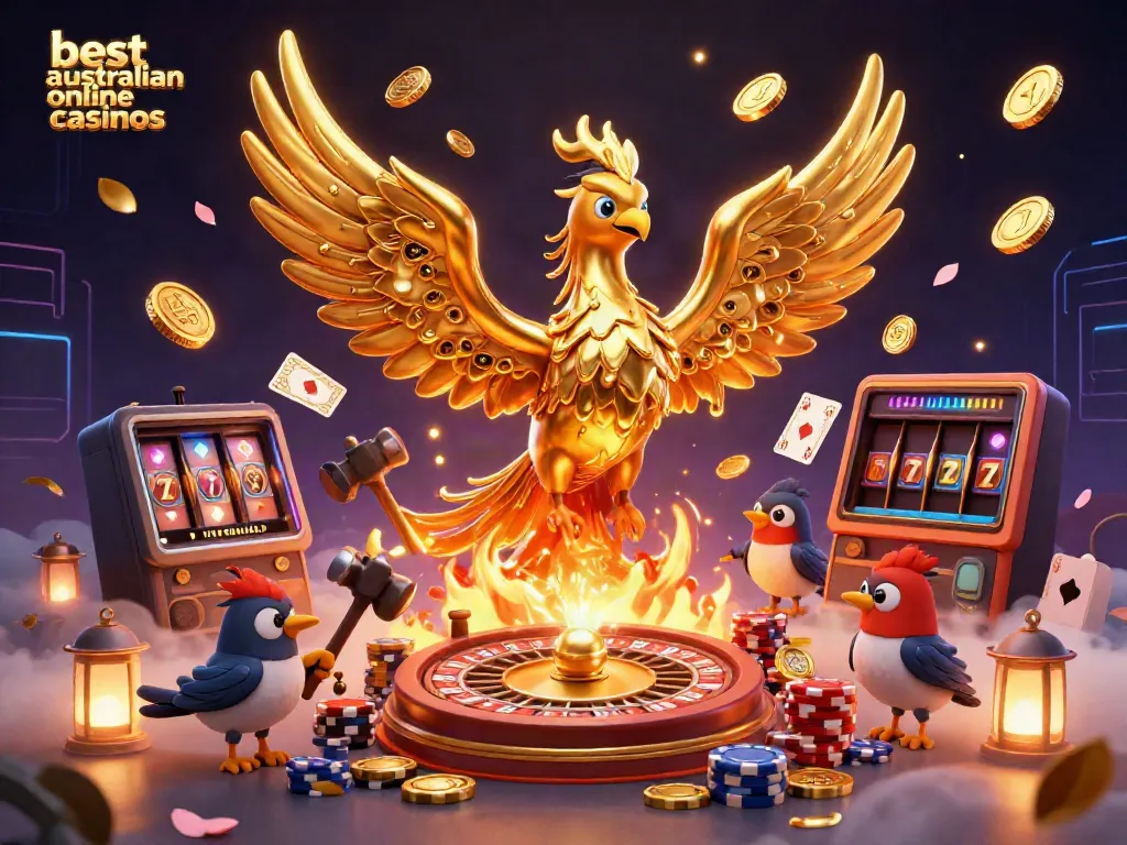 Explore the best Australian online casinos featuring a golden phoenix and vibrant casino elements.