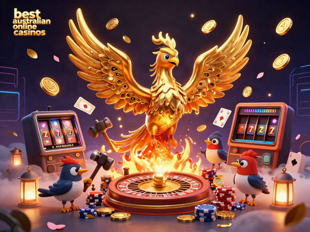 Explore the best Australian online casinos featuring a golden phoenix and vibrant casino elements.