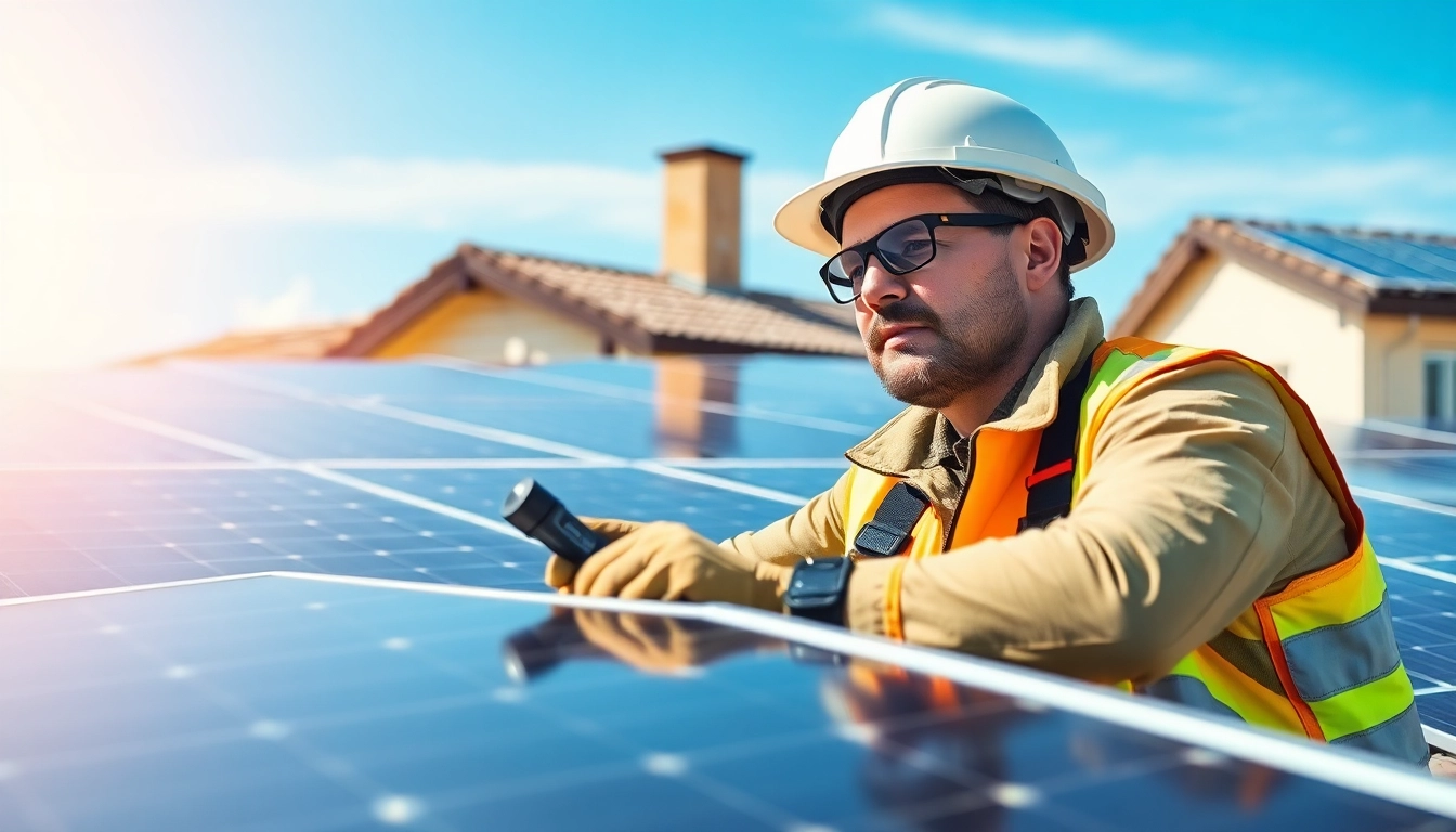 Homeowner consulting with a solar repair company near me technician on their roof.