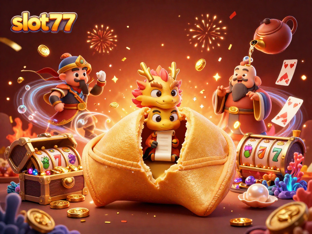 Experience the thrill of slot777 with a vivid illustration featuring fortune cookie elements and dynamic game symbols.