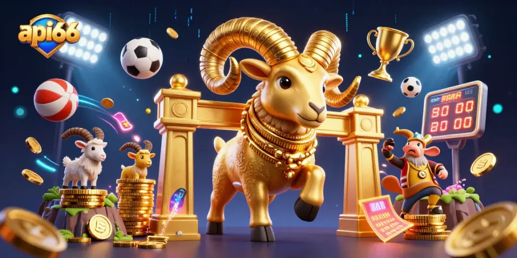 Engage with api66 in a vibrant 3D casino scene featuring a golden ram and sports elements.