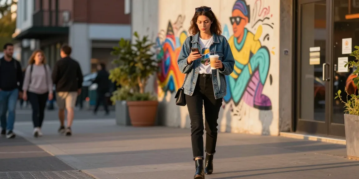 Stylish woman in a vibrant urban setting holding coffee, read more here for fashion tips.
