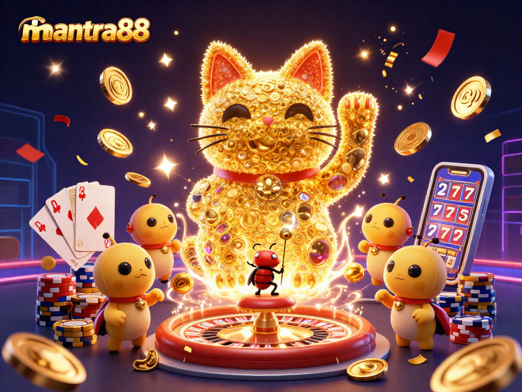 Experience mantra88's exciting gambling scene with a vibrant lucky cat shaped by golden fireflies.