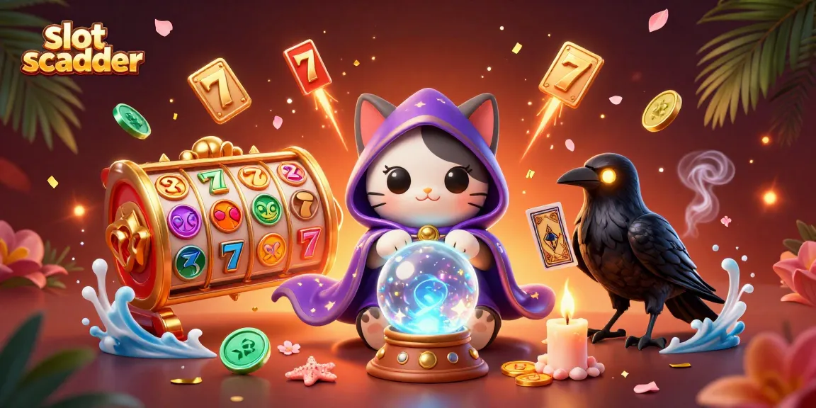 Experience the thrill of slot scatter with a mystical 3D casino illustration featuring fortune teller cat and raven.