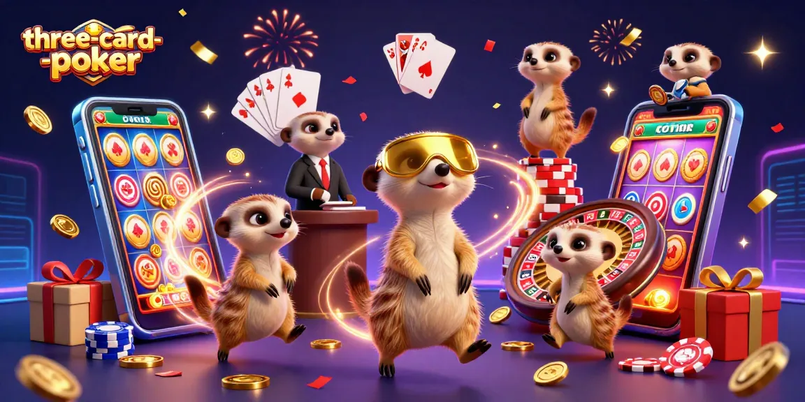 Experience three-card-poker excitement with meerkats running a vibrant casino scene with animated chips and games.