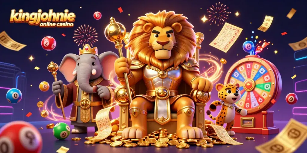 Join the excitement at kingjohnnie online casino, featuring vibrant characters celebrating with games and lotteries.