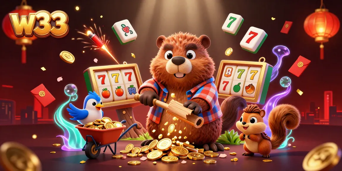 Play exciting w33 pokies games with fun characters in a vibrant casino scene rich in details.