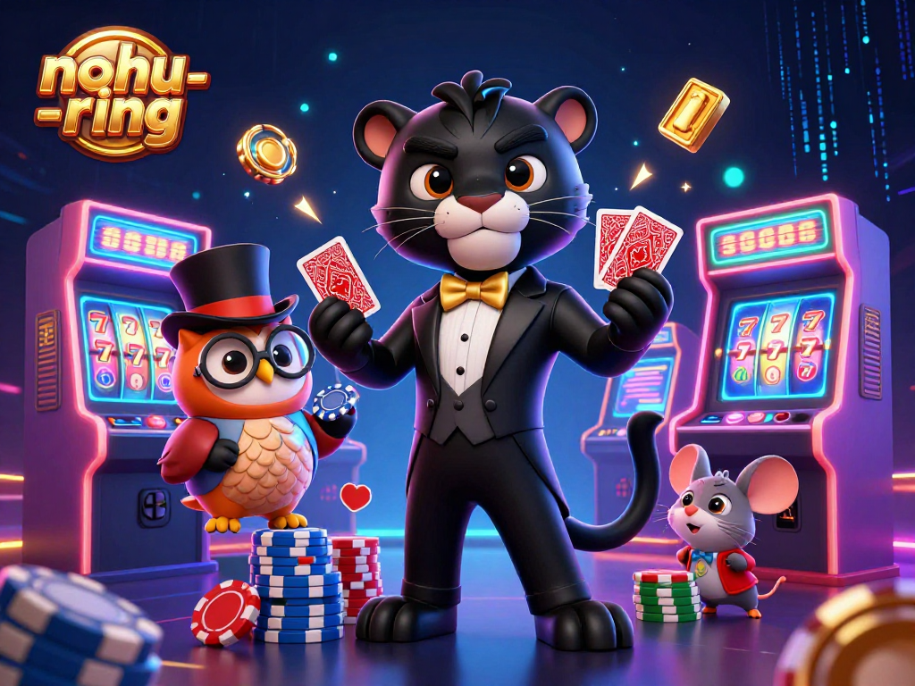 Engage with the thrilling world of nohu-ring as our stylish black panther deals cards amid colorful circus casino elements.